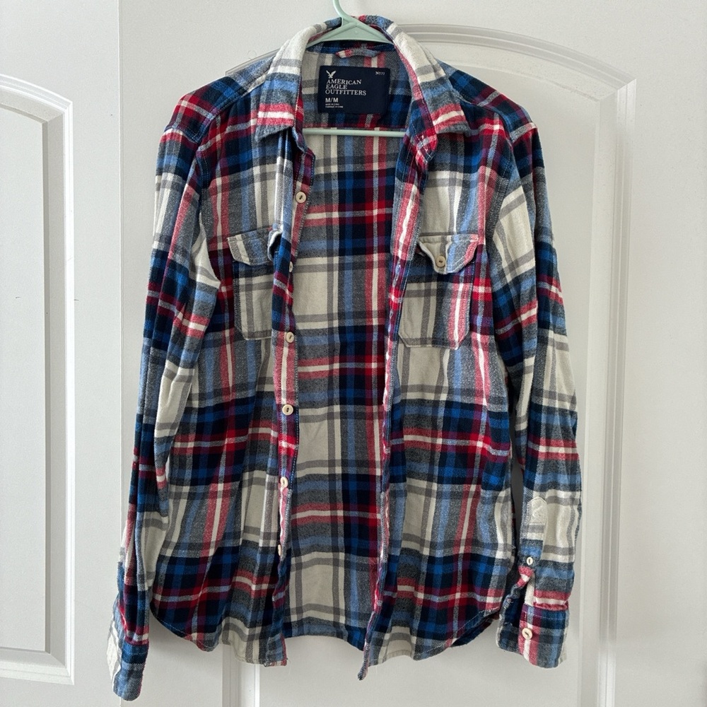 American Eagle Outfitters Men's Red, Blue, and White Plaid Shirt